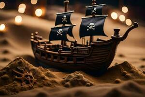 une pirate navire est séance dans le sable. généré par ai photo
