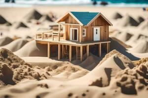 une miniature maison sur Haut de une le sable dune. généré par ai photo