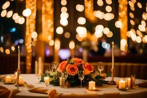 une table avec bougies et fleurs dans de face de une chaîne de lumières. généré par ai photo