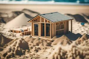 une miniature en bois maison est assis sur le sable. généré par ai photo