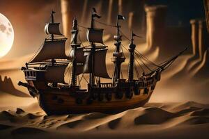 une pirate navire dans le désert avec une plein lune. généré par ai photo