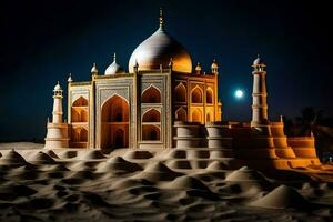 le taj mahal est allumé en haut à nuit. généré par ai photo