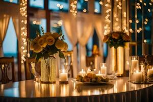une table avec bougies et fleurs dans vases. généré par ai photo
