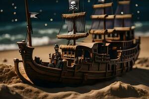 une pirate navire sur le plage à nuit. généré par ai photo