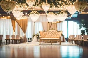 une mariage la cérémonie avec une or chaise et lustre. généré par ai photo