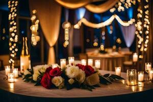 le accueil table a été décoré avec bougies et fleurs. généré par ai photo