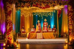 un Indien mariage la cérémonie avec coloré décorations. généré par ai photo