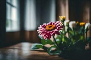 une rose fleur séance sur une table dans de face de une la fenêtre. généré par ai photo