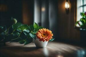 Orange fleur dans une blanc vase sur une en bois tableau. généré par ai photo