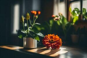 Orange fleur dans une vase sur une tableau. généré par ai photo