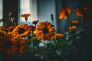 Orange fleurs dans une vase sur une foncé Contexte. généré par ai photo