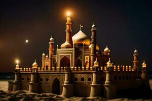 une le sable Château avec une allumé en haut mosquée dans le milieu. généré par ai photo