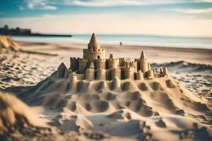 le sable Château sur le plage. généré par ai photo