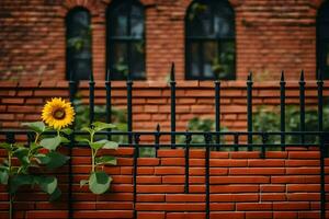 une tournesol est croissance par une brique mur. généré par ai photo