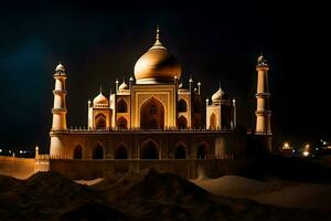 le taj mahal est allumé en haut à nuit. généré par ai photo