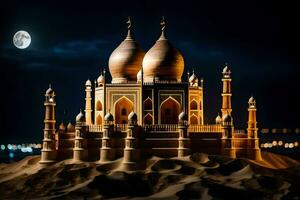 le taj mahal est allumé en haut à nuit. généré par ai photo