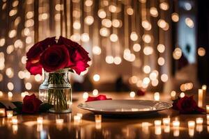 rouge des roses dans une vase sur une table avec bougies. généré par ai photo