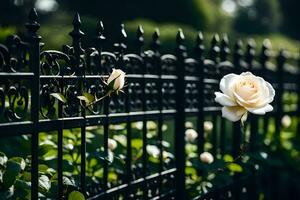 une blanc Rose est sur une noir forgé clôture. généré par ai photo