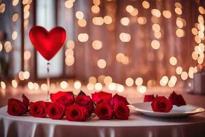 une table avec rouge des roses et une cœur en forme de bougie. généré par ai photo