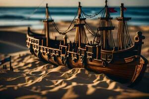une en bois modèle navire est assis sur le sable. généré par ai photo