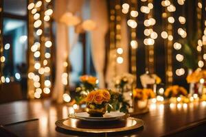 une table avec bougies et fleurs dans de face de une chaîne de lumières. généré par ai photo