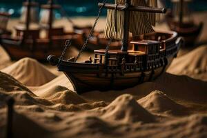 une modèle de une navire dans le sable. généré par ai photo