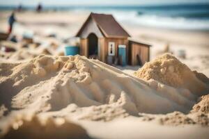 une miniature maison sur le plage avec sable. généré par ai photo