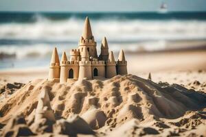 une le sable Château sur le plage. généré par ai photo