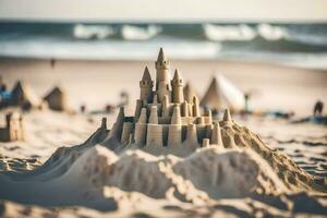 une le sable Château sur le plage. généré par ai photo