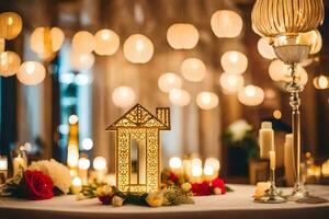 une table avec bougies et une maison sur il. généré par ai photo