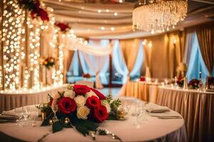 une mariage accueil table avec rouge des roses et blanc table chiffon. généré par ai photo