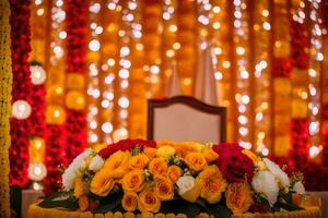 une table avec fleurs et bougies dans de face de une toile de fond. généré par ai photo