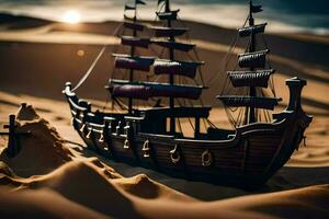 une modèle navire dans le désert. généré par ai photo