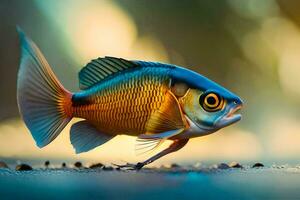 une poisson avec une Jaune et bleu corps. généré par ai photo