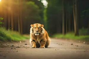 une Lion est en marchant vers le bas une route dans le forêt. généré par ai photo