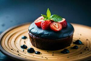 une Chocolat gâteau avec des fraises et Chocolat. généré par ai photo