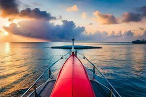 une rouge bateau dans le océan à le coucher du soleil. généré par ai photo