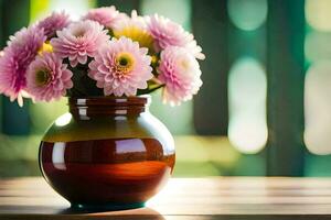 une vase avec rose fleurs séance sur une tableau. généré par ai photo