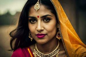 une magnifique Indien femme portant une sari et bijoux. généré par ai photo