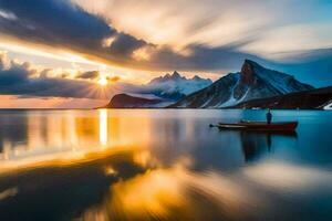 une bateau est flottant dans le l'eau à le coucher du soleil. généré par ai photo