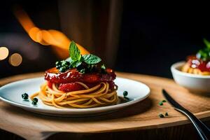 spaghetti avec tomate sauce et basilic feuilles. généré par ai photo