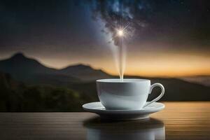 une tasse de café sur une table avec une étoile dans le ciel. généré par ai photo