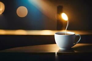 une tasse de café sur une table avec une lumière derrière il. généré par ai photo
