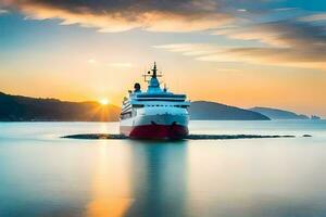 une grand bateau dans le océan à le coucher du soleil. généré par ai photo