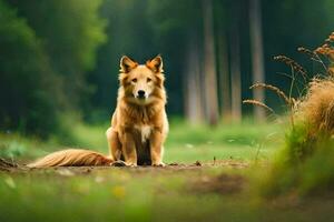 une chien séance dans le milieu de une forêt. généré par ai photo