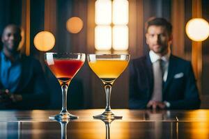 deux Hommes dans costume séance à une bar avec deux différent cocktails. généré par ai photo