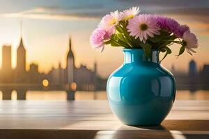 une vase avec fleurs sur une table dans de face de une ville ligne d'horizon. généré par ai photo