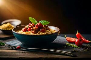 spaghetti avec Viande et tomates dans une bol. généré par ai photo