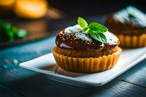 deux petits gâteaux sur une blanc assiette avec menthe feuilles. généré par ai photo