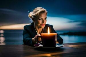 une femme en portant une tasse de café et une bougie. généré par ai photo